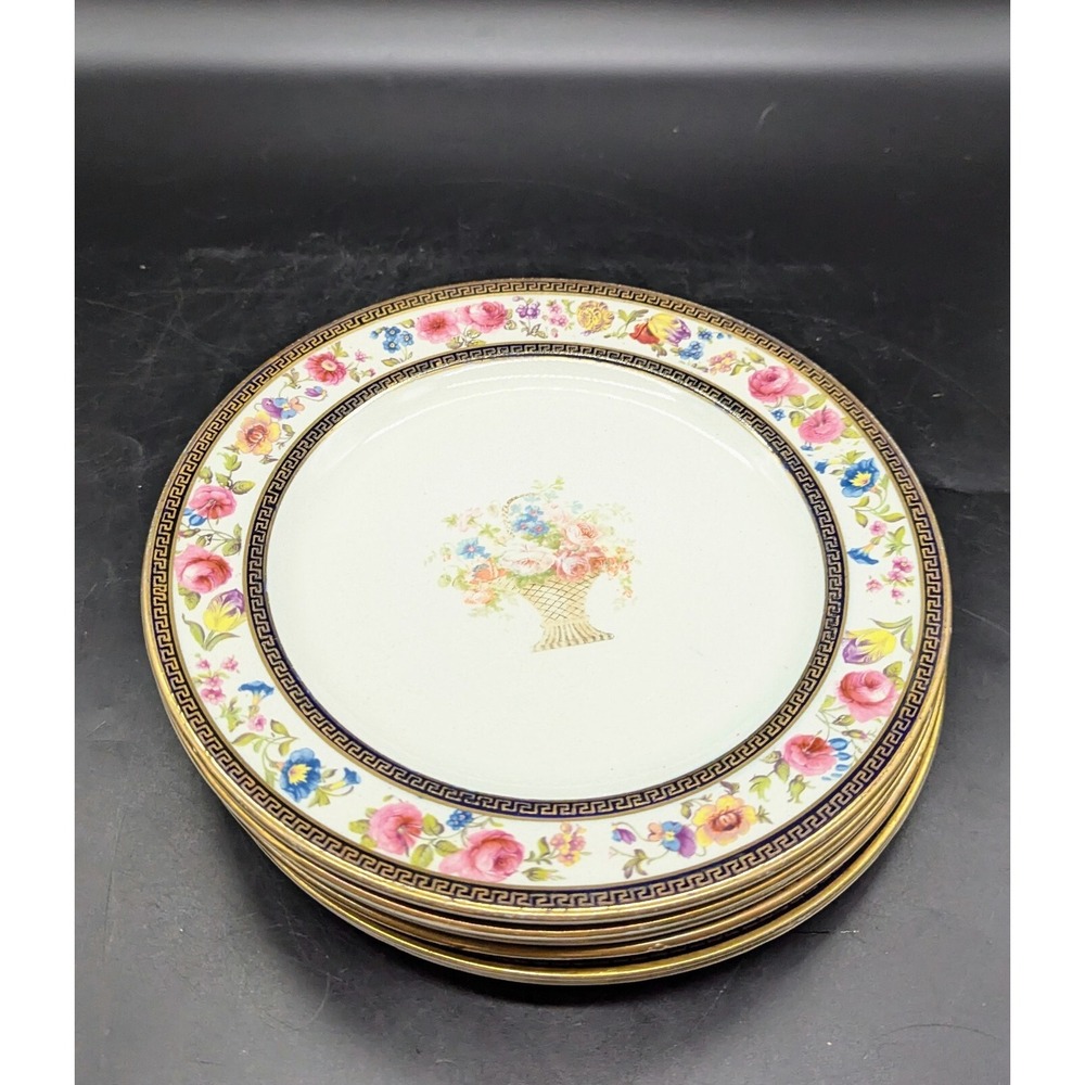 Set/7 Antique Soho Pottery England 8.5" Salad Dessert Plate Flower Basket Floral